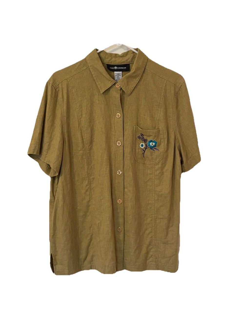 Sag Harbor Linen Blend Embroidered Floral Short Sleeve Button Shirt Women Large